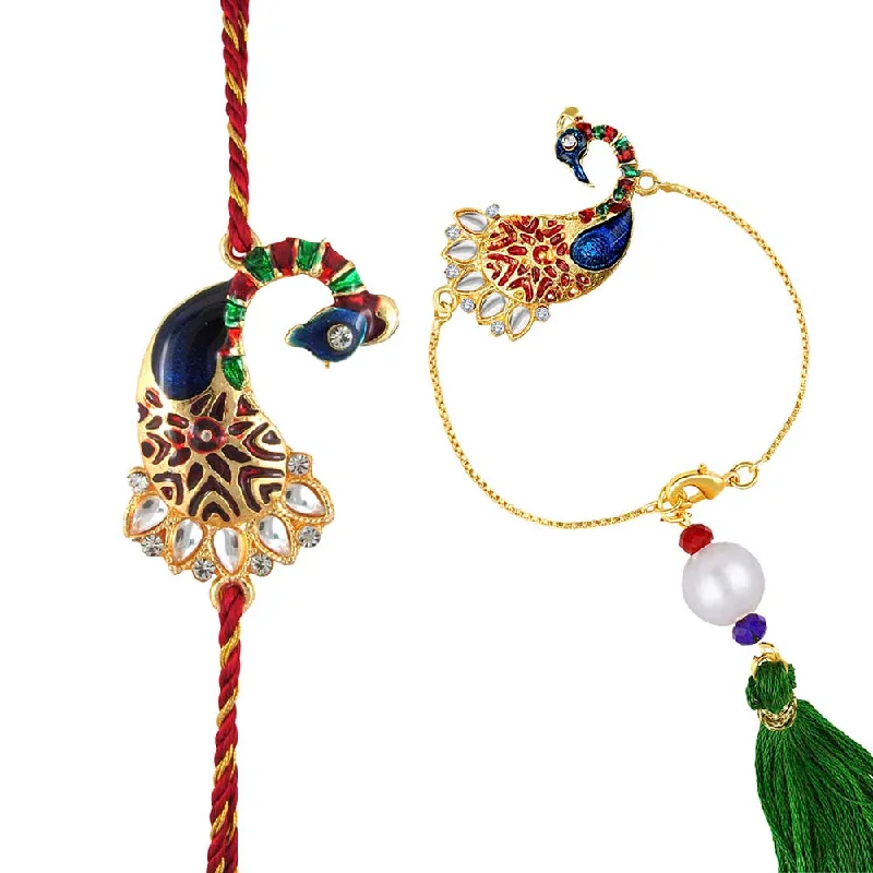 Make Your Outfit Shine With Discounted Jewelry Mahi Peacock Shaped Meenakari Combo Multicolor Rakhi for Bhaiya and Bhabhi (RCOL1105344M)