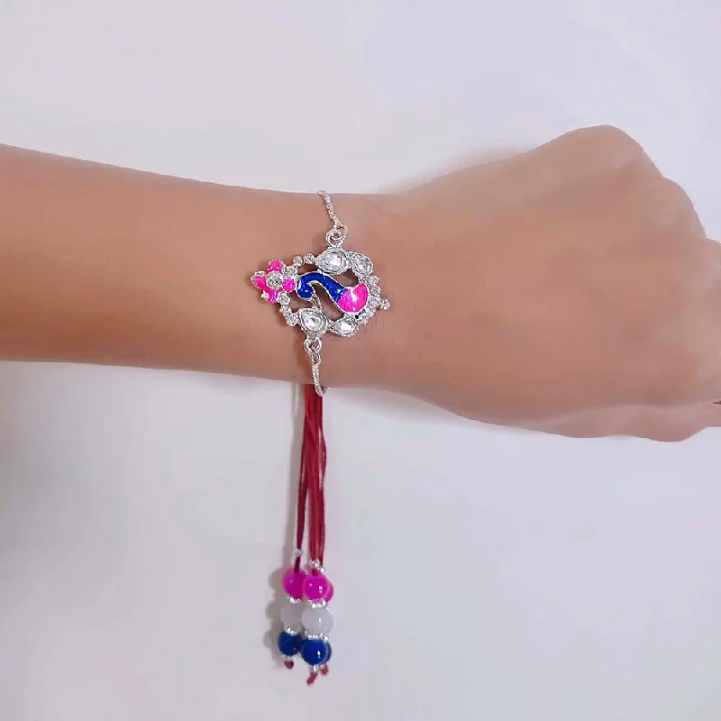 Dainty And Elegant Jewelry Now At Reduced Prices Mahi Peacock Shaped Meenakari Work Lumba Rakhi for Bhabhi (RAL1100676R)