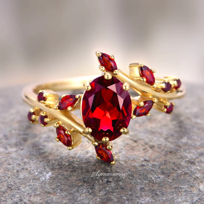Last Chance To Grab Your Favorite Jewelry At A Discount Natural Red Garnet Leaf Ring- 14K Yellow Gold Vermeil