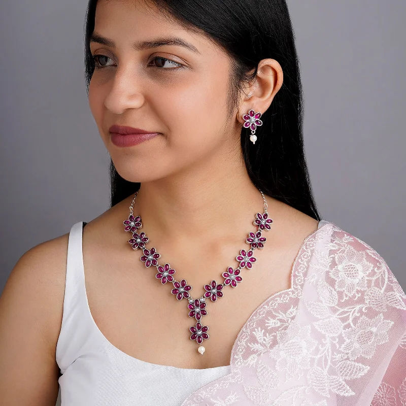 Make Your Outfit Shine With Discounted Jewelry Teejh Silver Red and Floral Motif Set