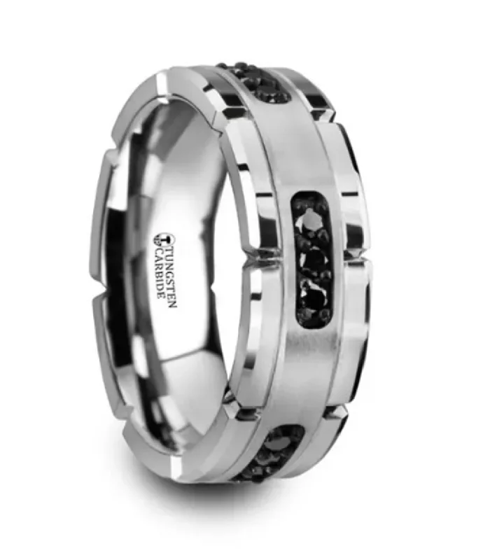 Timeless Beauty, Unbeatable Deals – Jewelry Sale On Tungsten ‘Valor’ 8mm Silver Inlay With Black Diamonds Grooved Wedding Band